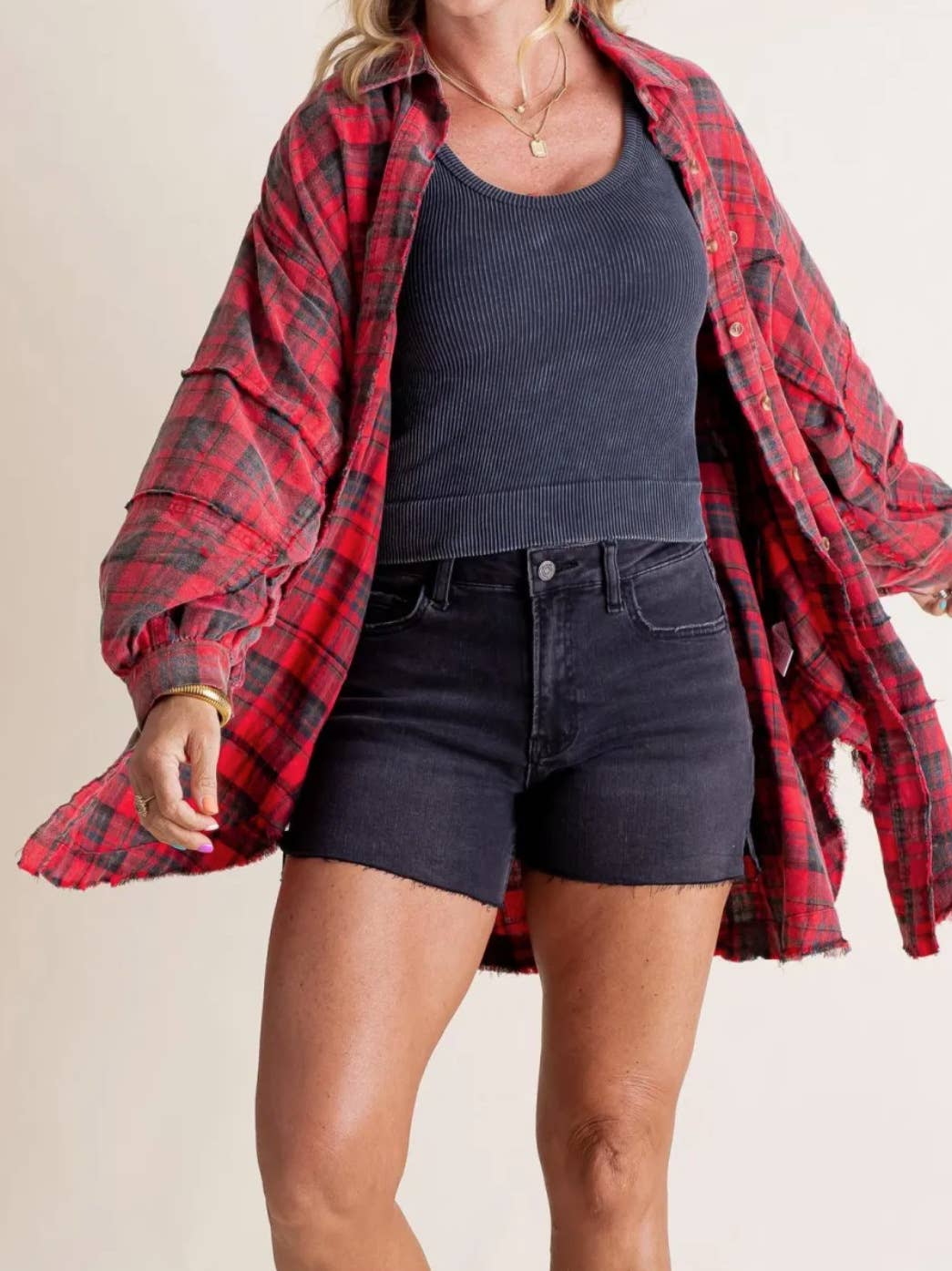 Rosa Clothing - Wholesale Shirt - Women's - Oversize Button Down Raw Edge Plaid Shirt 8 Colors4