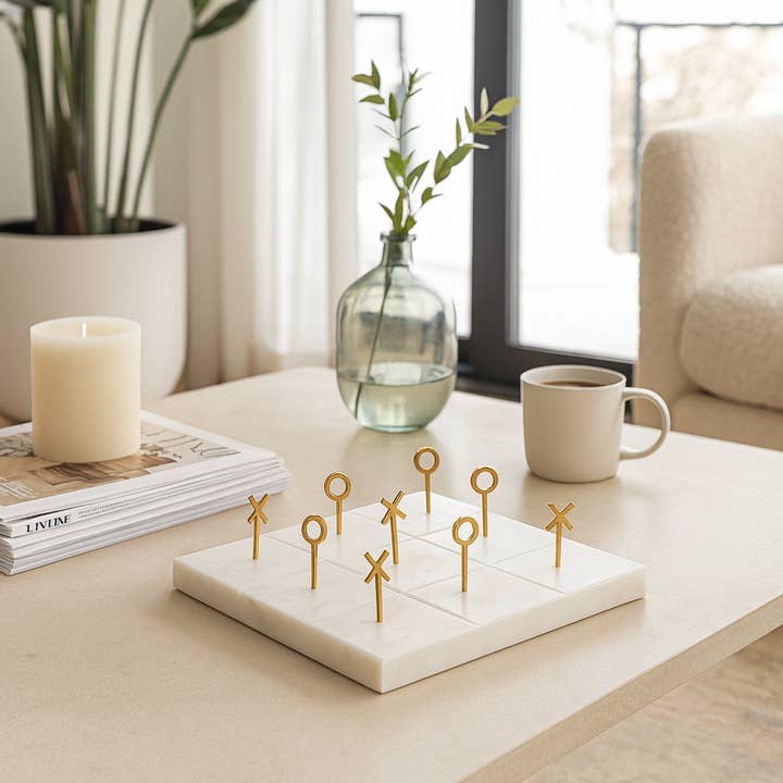 Tic-Tac-Toe Game - White Marble Board with X and O, 9 in. for wholesale by Sagebrook Home
