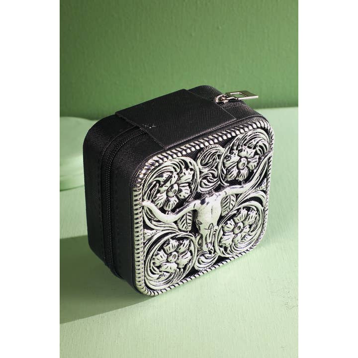 BLACK BLK Western Steer head Metal Plate Jewelry Box for wholesale on Faire