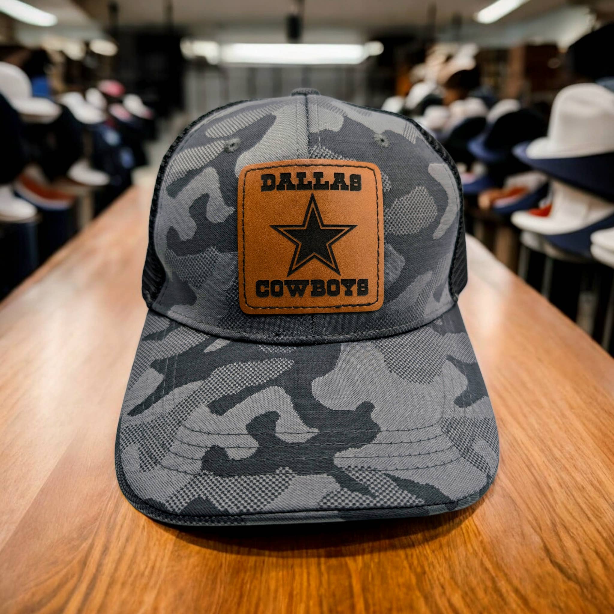 2A Solutions - Wholesale Trucker Hat - Unisex - Dallas Cowboys Leather Patch Camo Snapback Trucker Hat