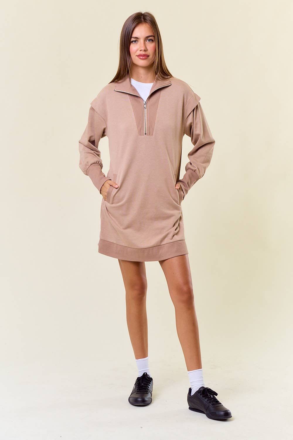 Doe and Rae – wholesale Dress – Women's – French Half Zip-Up Sweatshirt Dress W/ Pockets - 27818D4