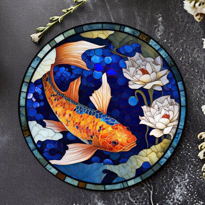 Fernville Creations - Vente Sous-verre - Sous-verres en céramique Koi et poisson rouge en vitrail pour décoration intérieure4