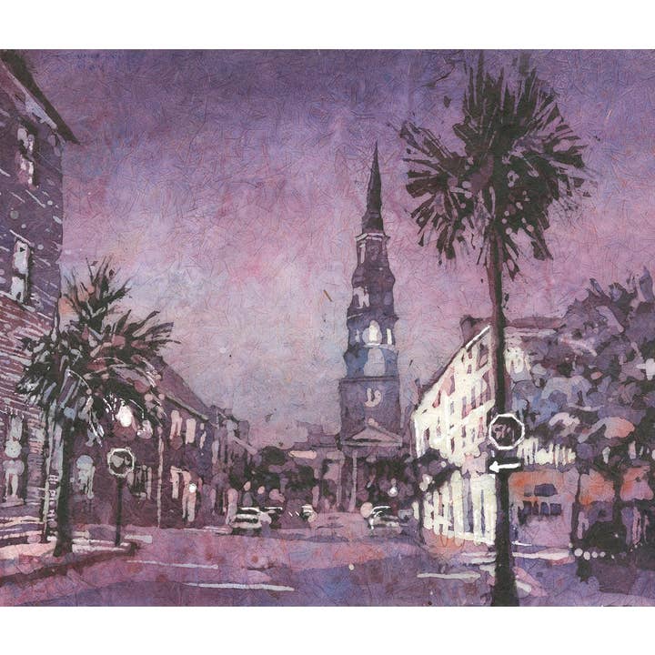 Charleston SC église aquarelle batik paysage urbain Église St. Philips scène de rue extérieure œuvre d'art colorée (impression) pour la vente par Ryan Fox Fine Art