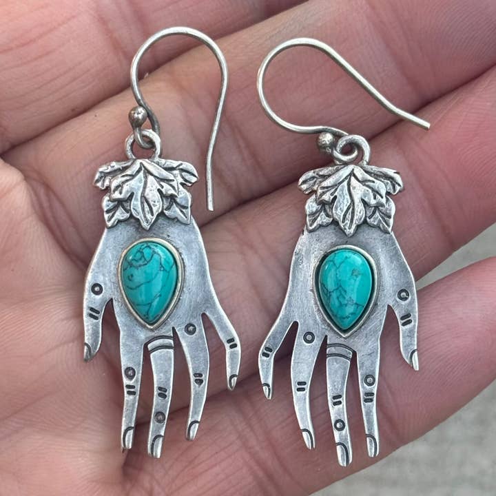 Lungta Imports - Wholesale Dangle Earrings - Hand Crafted Silver Hand Earrings Bohemian Hippie