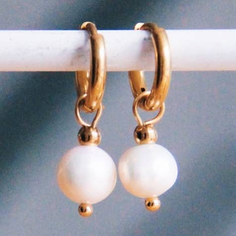 Steel Creoles With Freshwater Pearl Drop - Gold for wholesale by Bazou
