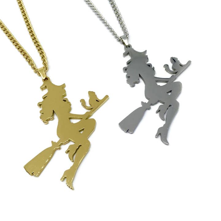 Gifts From The Crypt - Wholesale Pendant/Charm Necklace - Witch Broomstick Silhouette Necklace | Gold Silver Wizard