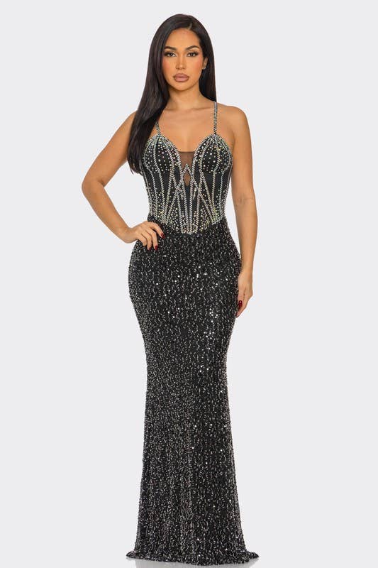 BANJUL – Großhandel Kleid – Damen – Paillettenbesetztes schmales Träger-Maxikleid1