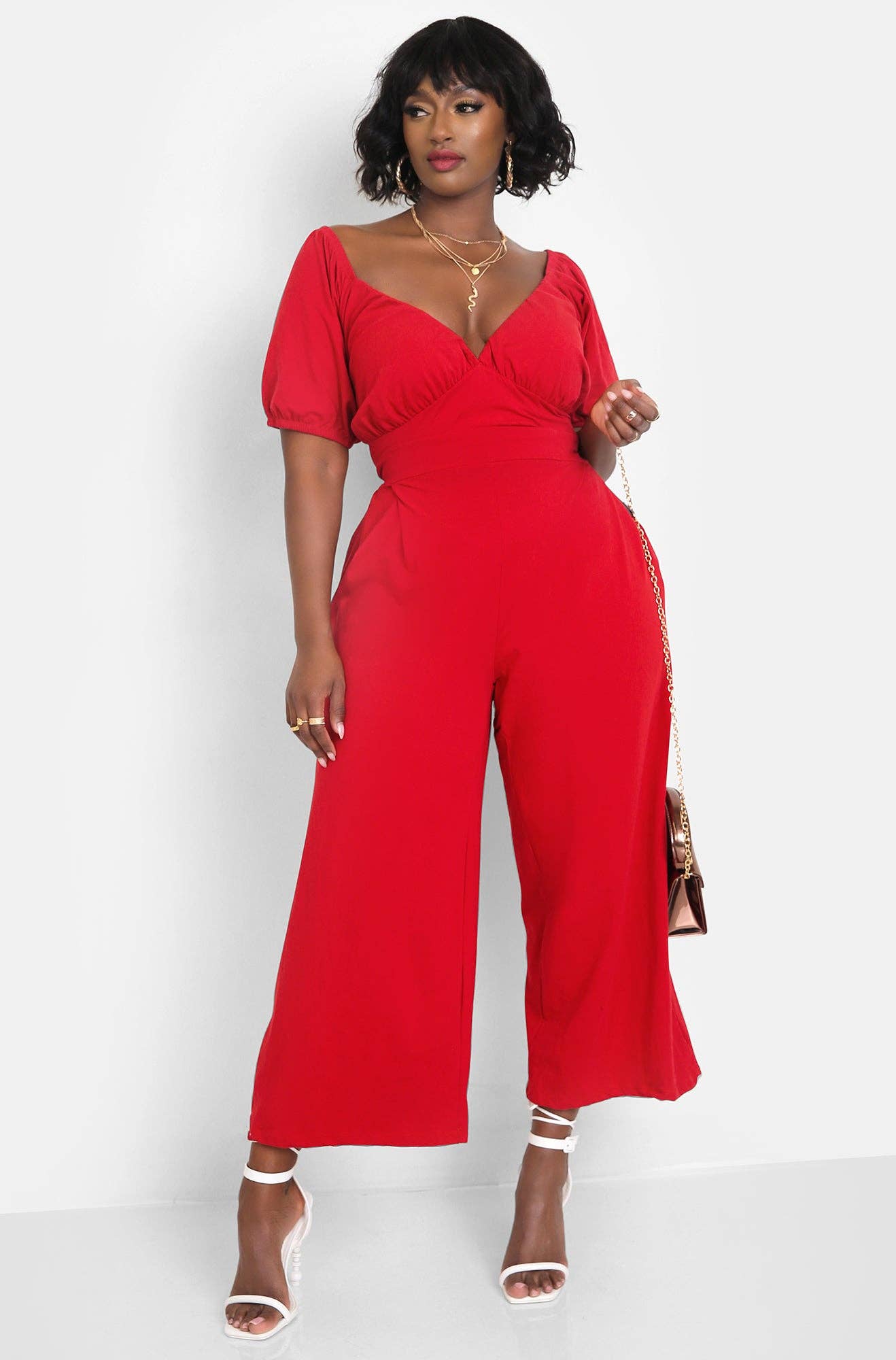 Red Hiding Something Peasant Top Wide Leg Jumpsuits w. Pockets for wholesale on Faire1