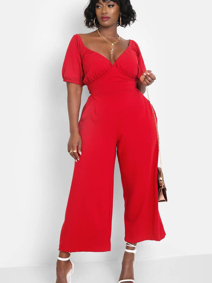 Red Hiding Something Peasant Top Wide Leg Jumpsuits w. Pockets for wholesale on Faire1