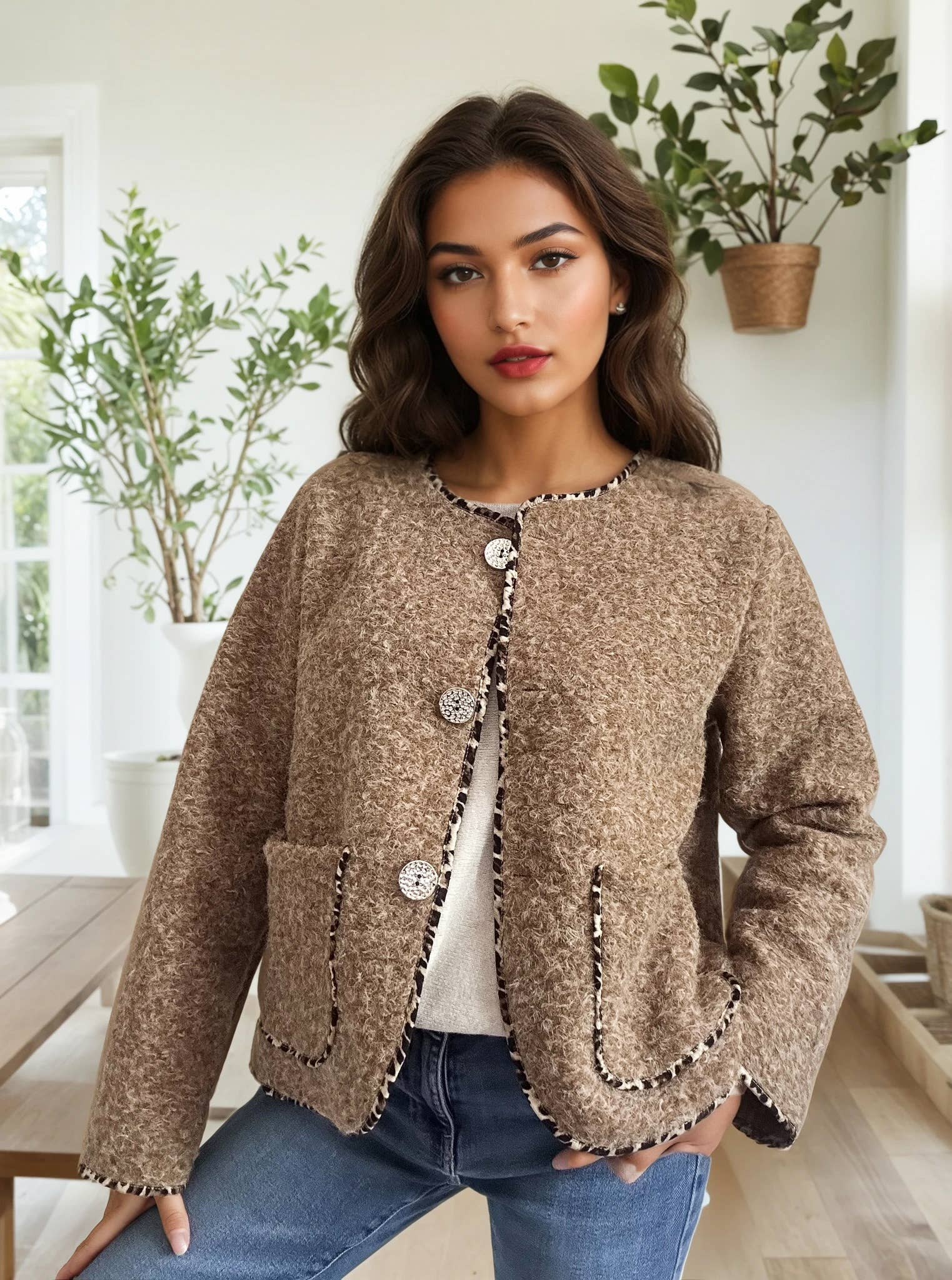 ZAFA PARIS – Engroshandel Jakke - Dame – 21P13H514 Jakke med lige snit i meleret, glat uldlook.1