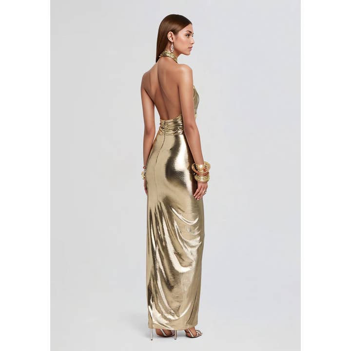Color as pictures P1 Glamorous Champagne Gold Halter Neck Backless Slit Dress for wholesale on Faire2
