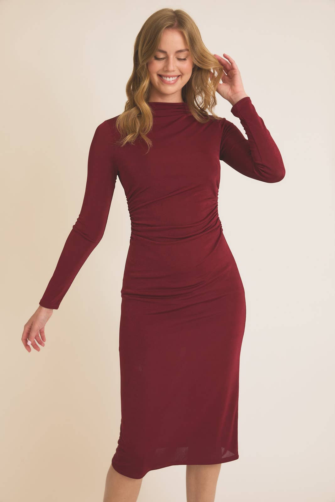 GILLI - Wholesale Dress - Women's - LONG SLEEVE MOCK NECK SIDE SHIRRING MIDI DRESS5