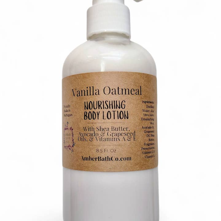 Vanilla Oatmeal Body Lotion - 8.5 oz. Pump - With Shea Butter, Avocado, & Grapeseed for wholesale by Amber Bath Co