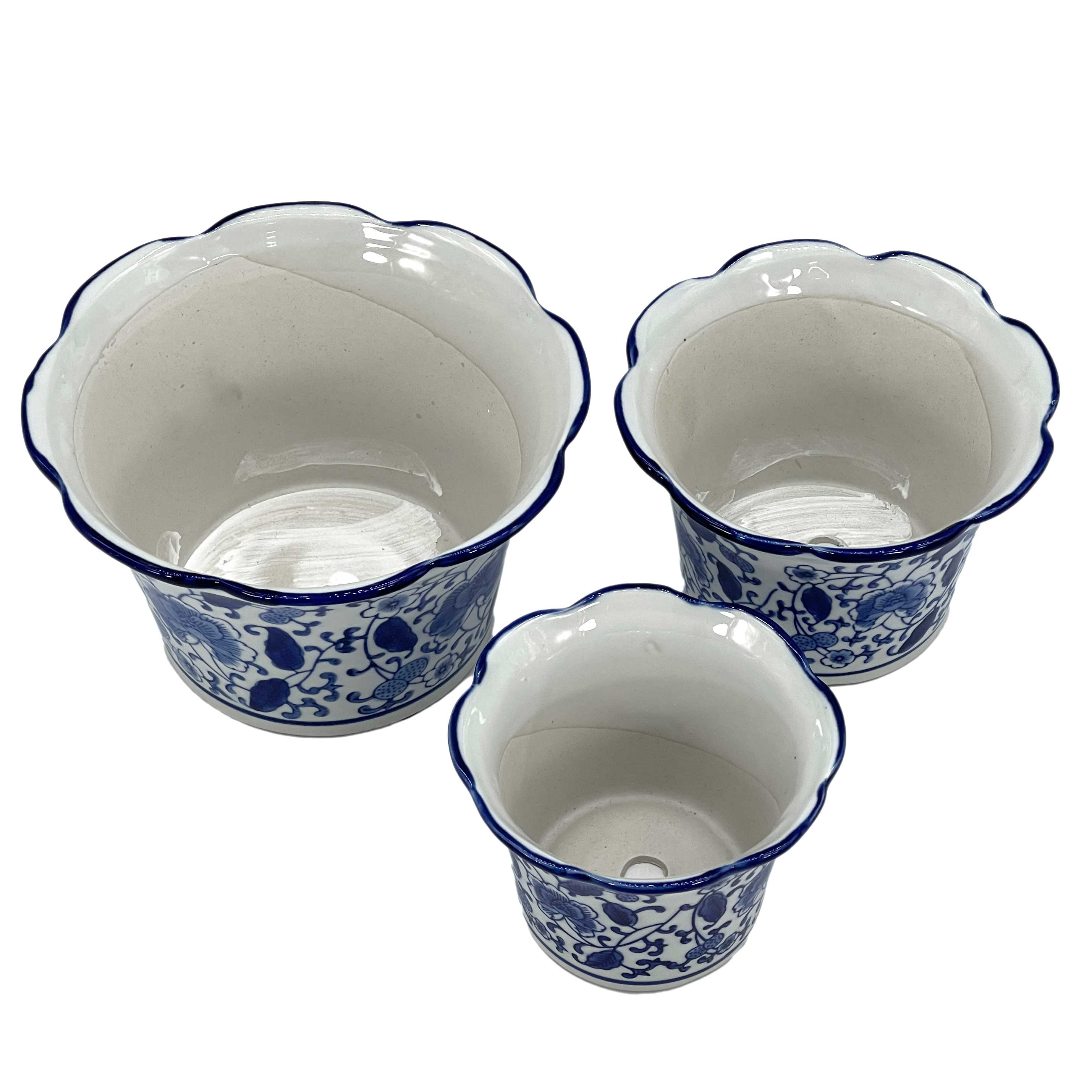 Galt International Company – wholesale Plant pot – Set of 3 Blue & White Floral Ceramic Pots Ruffled Lip Style26