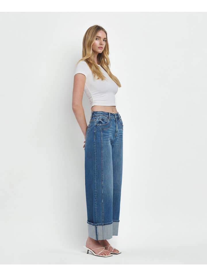 JOYSOME SUPER HIGH RISE CUFFED BAGGY WIDE JEANS F5856 for wholesale on Faire
