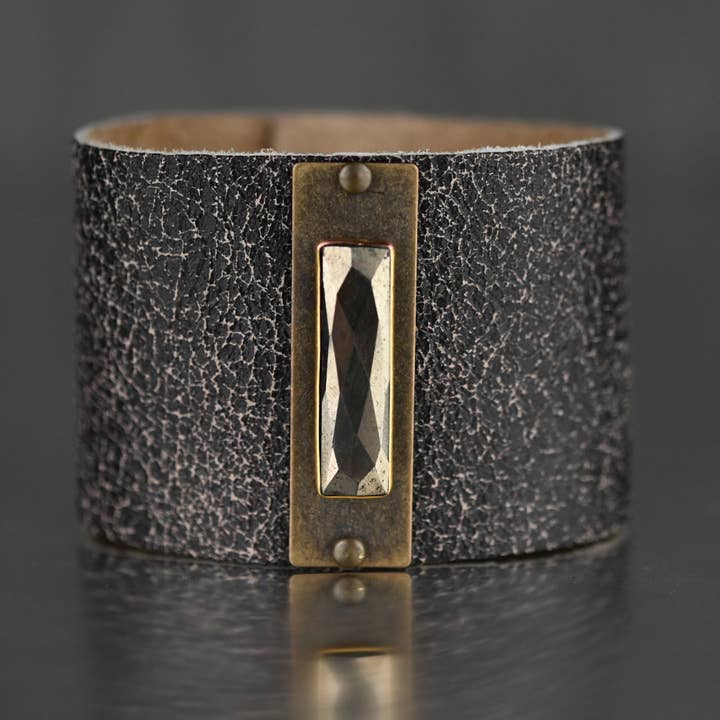 2" Leather Cuff w/ Semi Precious (Soft Black Distress) for wholesale by KBD Studio