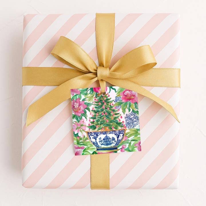Design Carolinas - Wholesale Gift Tag - Christmas Tree & Poinsettia Chinoiserie Holiday Gift Tag Set1