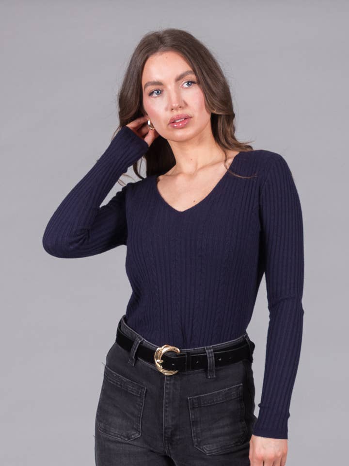 Ribbed V-Neck Jumper - Navy for wholesale by SOLO