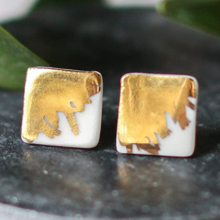 brushed gold porcelain square studs for wholesale by Remnant Studios