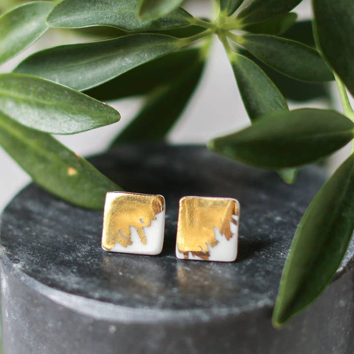 brushed gold porcelain square studs for wholesale by Remnant Studios