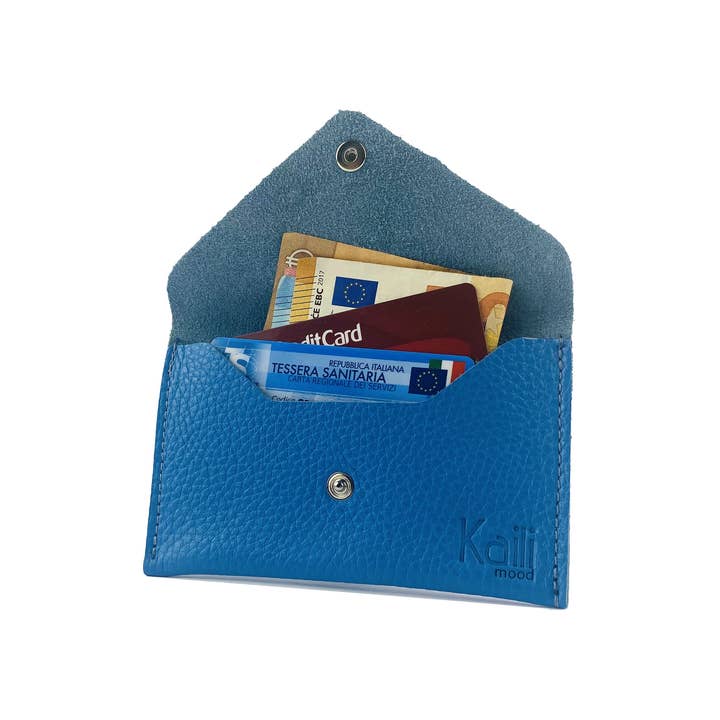 K0040OB | Funda de piel auténtica de plena flor fabricada en Italia con solapa, grano dólar, color azul, dimensiones: 13 x 8 x 0,5 cm, embalaje: fondo y tapa de caja de regalo dura para venta al por mayor de Kaili mood / RENATO BORZATTA - Italy since 1978 -