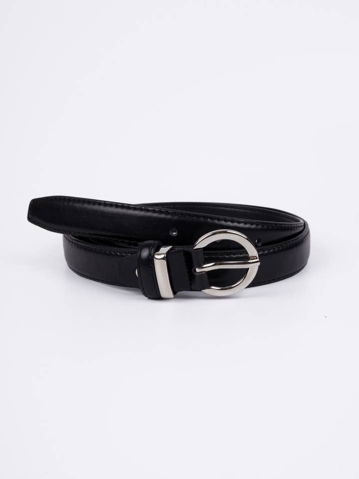 Vegan PU Leather Belt - Amiens - Curved Buckle - Silver / Black - 107cm for wholesale by Nakoa The Label