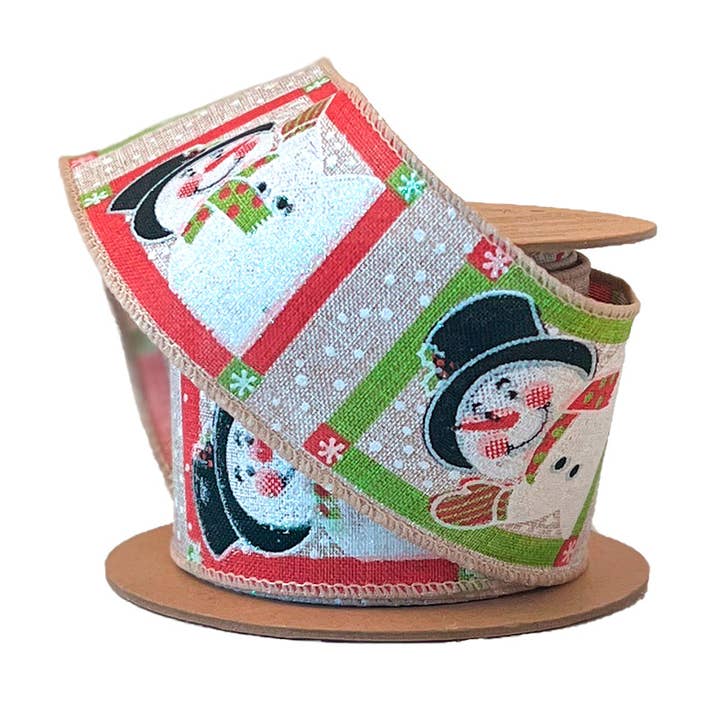 2 1/2" Wired Ribbon | "Snowman" Natural/Multi | 10 Yard Roll for wholesale by LA Ribbons Wholesale