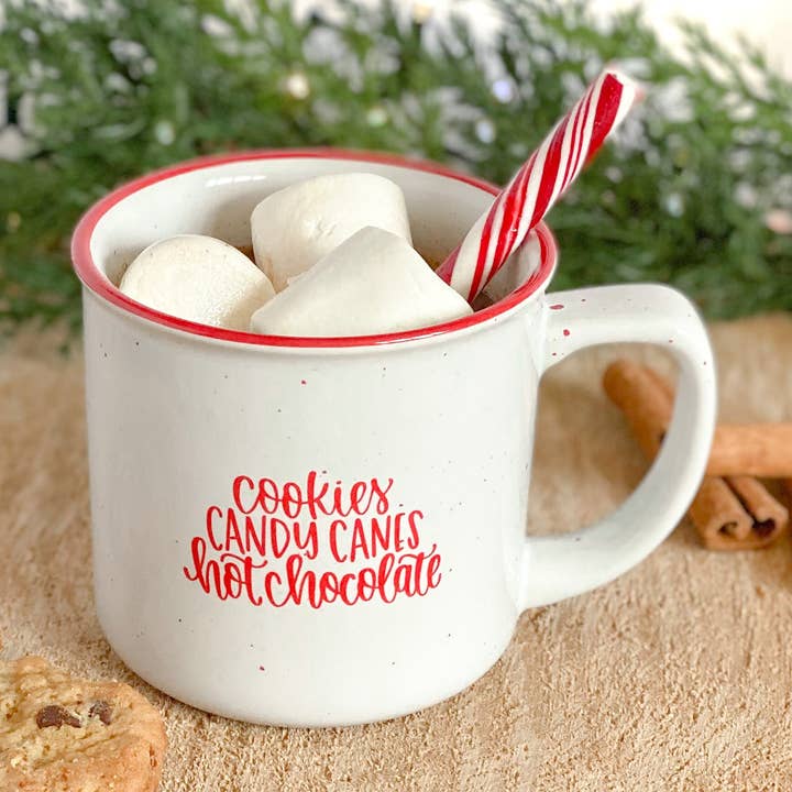 cookies, candy canes, hot chocolate | 11 oz camper mug for wholesale by Rudie Jo