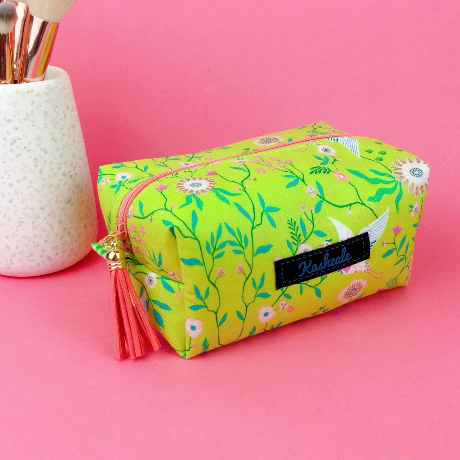 Kashzale Handmade Cosmetic Bags - Wholesale Makeup/Cosmetic Bag - Lime Cranes Medium Box Makeup Bag. Lime Makeup Bag0