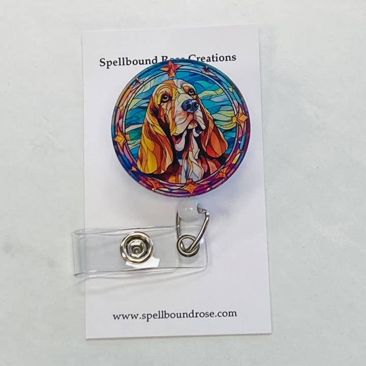 Porta-Crachá Basset Hound – Vidro Falso, Retrátil por atacado de Spellbound Rose Creations