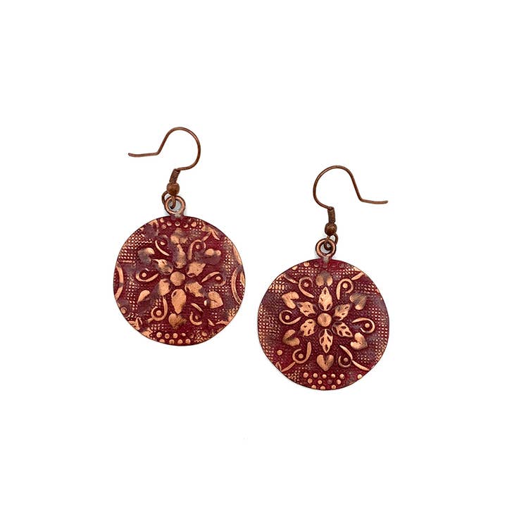 Copper Patina Earrings - Red Botanical Print Circles for wholesale by Anju Jewelry