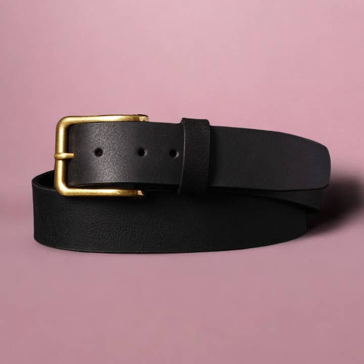 Elara- Black Leather Belt with Gold Rectangular Buckle - Made in Canada for wholesale by NAB LEATHER