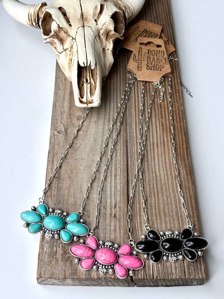 Western Squash Blossom Stone Pendant Necklace for wholesale by Boho Ranch Shop