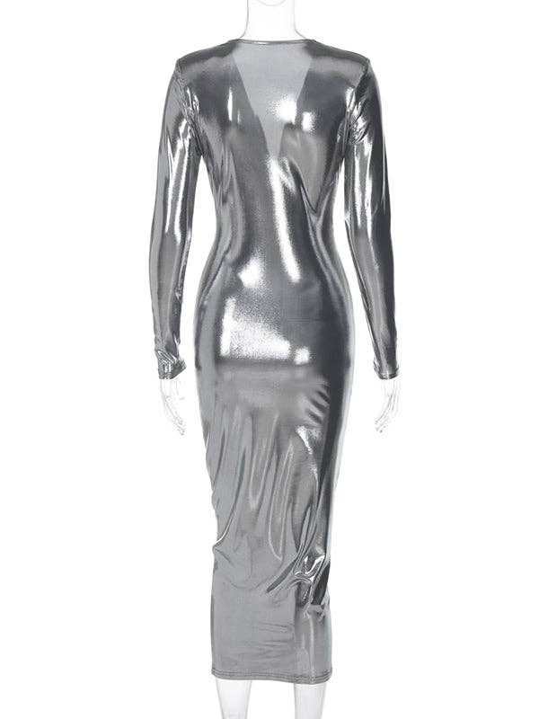 VividLux - Wholesale Dress - Women's - Bodycon High Waisted Knot Shiny Solid Color Deep V-Neck Midi Dresses11