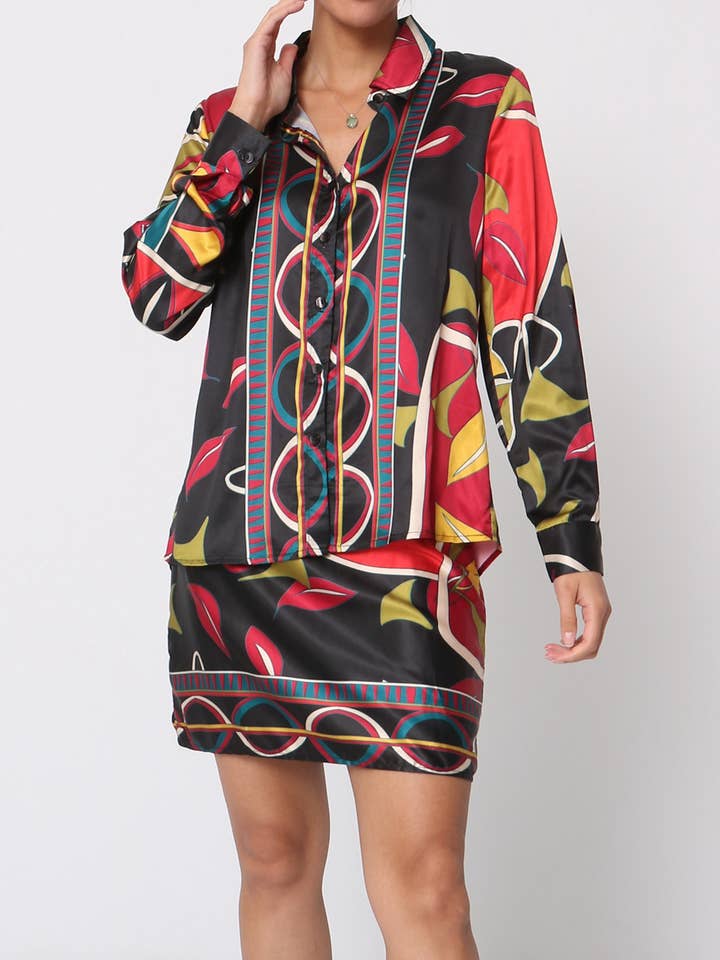 V3257 Camisa cetim estampada por atacado de Amy & Clo Invogue