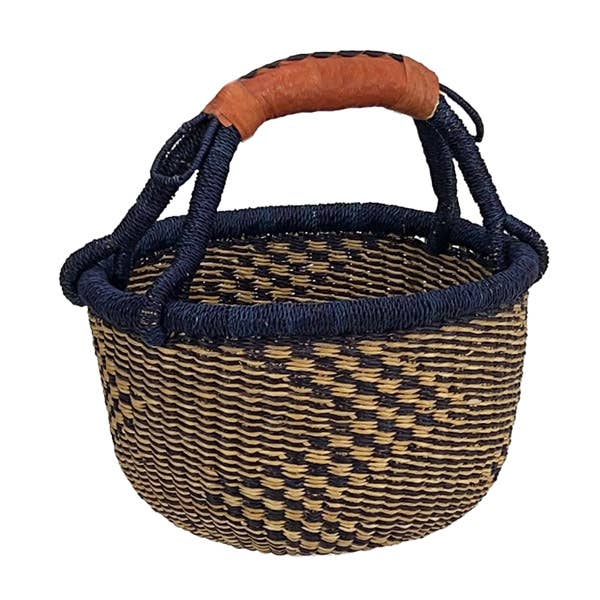 African Market Baskets - Wholesale Basket - African Bolga Baskets : Navy/Nat. Mini w/Leather (G-149AN+)1