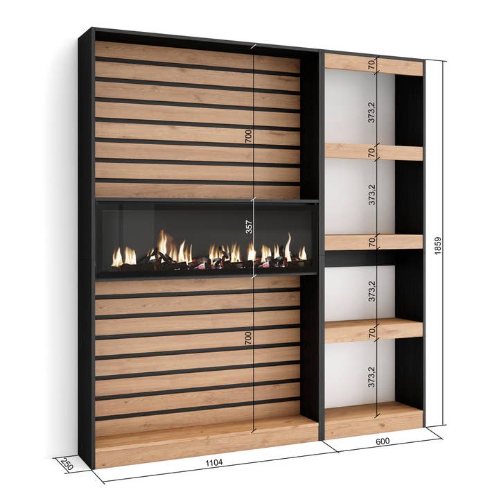 Skraut Home - Venta al por mayor Estanterías - Librería estantería | Estanteria libros de pared | 170x186x25cm | Salón - Comedor - Oficina | Chimenea eléctrica | Estilo Moderno | Roble y negro