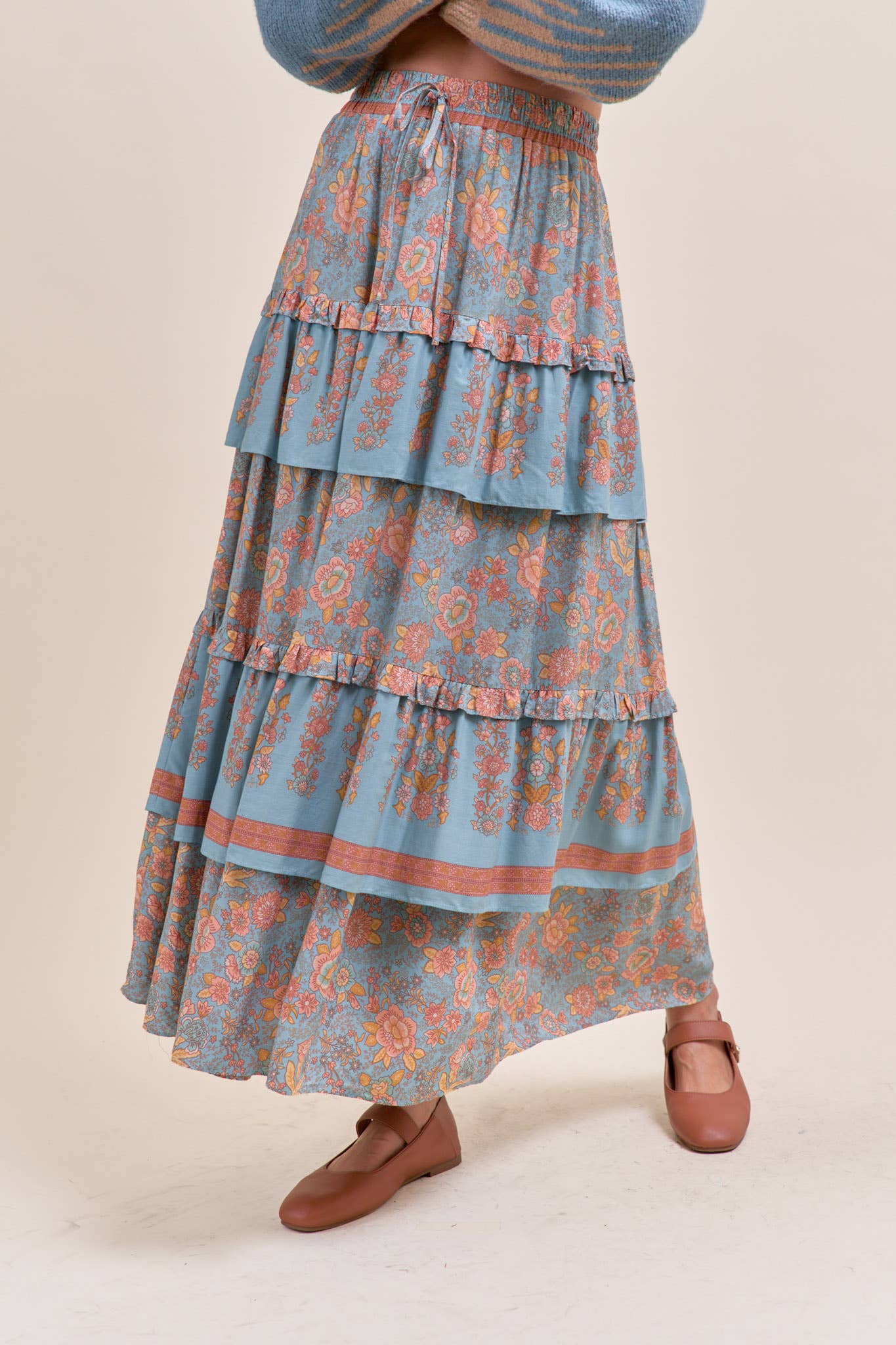 &MERCI - Wholesale Skirt - Women's - RUFFLE TIERED BORDER PRINT MIDI SKIRT MSK416614