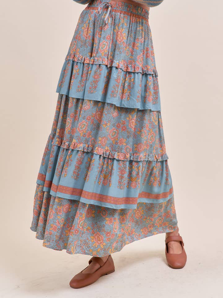 &MERCI - Wholesale Skirt - Women's - RUFFLE TIERED BORDER PRINT MIDI SKIRT MSK416614