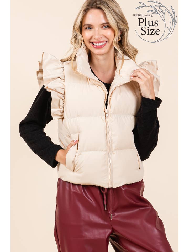 GeeGee x Lovelo - Wholesale Outerwear Vest - Women's - Plus Ruffled Sleeve Puffer Vest, MJ4501PL16