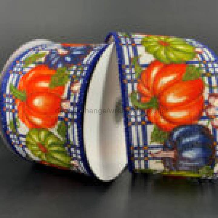 Weißes Leinen/Marine-Karo-Orange-Moos-Blaue Kürbisse, 2,5"X10Y 61319-40-25 für den Großhandel von DecoExchange