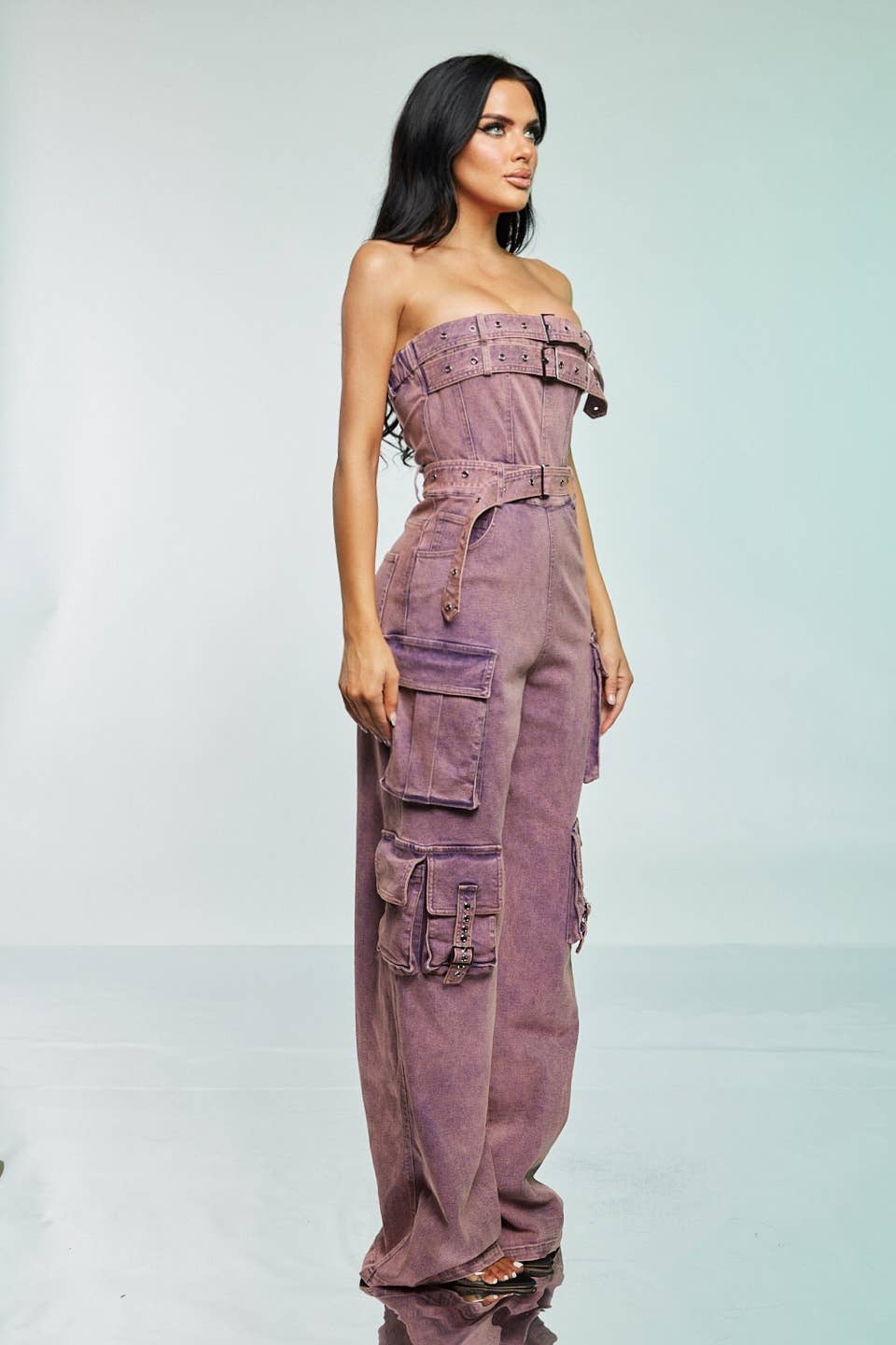 Pink Acid-Wash Cargo Jumpsuit Spandex for wholesale on Faire4