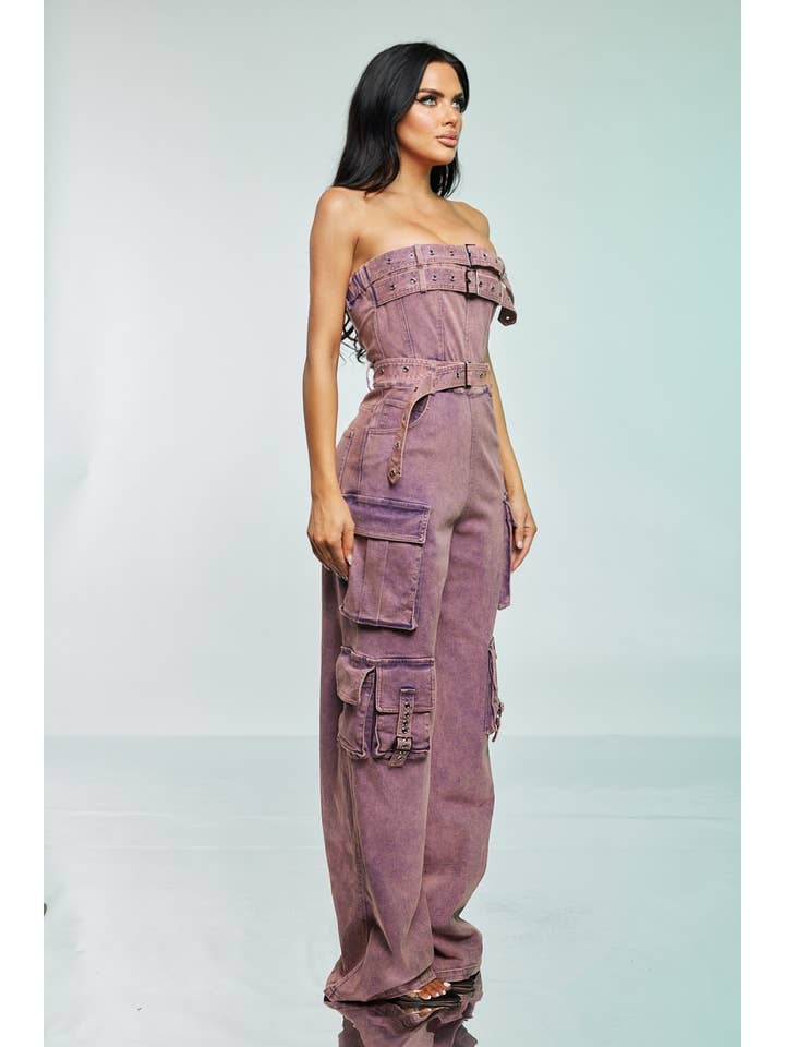 Pink Acid-Wash Cargo Jumpsuit Spandex for wholesale on Faire4