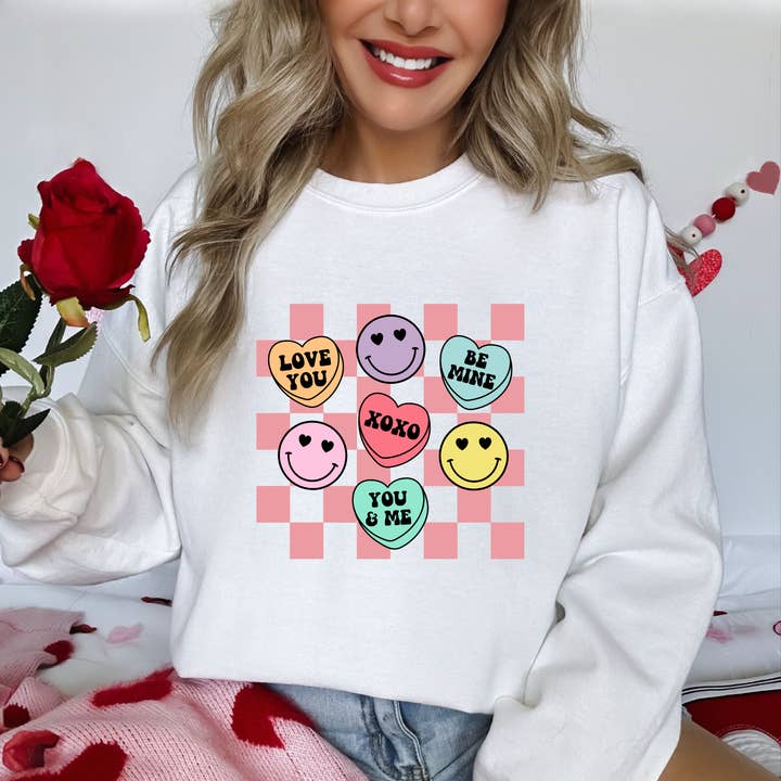 Nu Kustomz LLC - - Wholesale Graphic Sweatshirt - Women's - Smiley candy hearts valentines day sweatshirt2