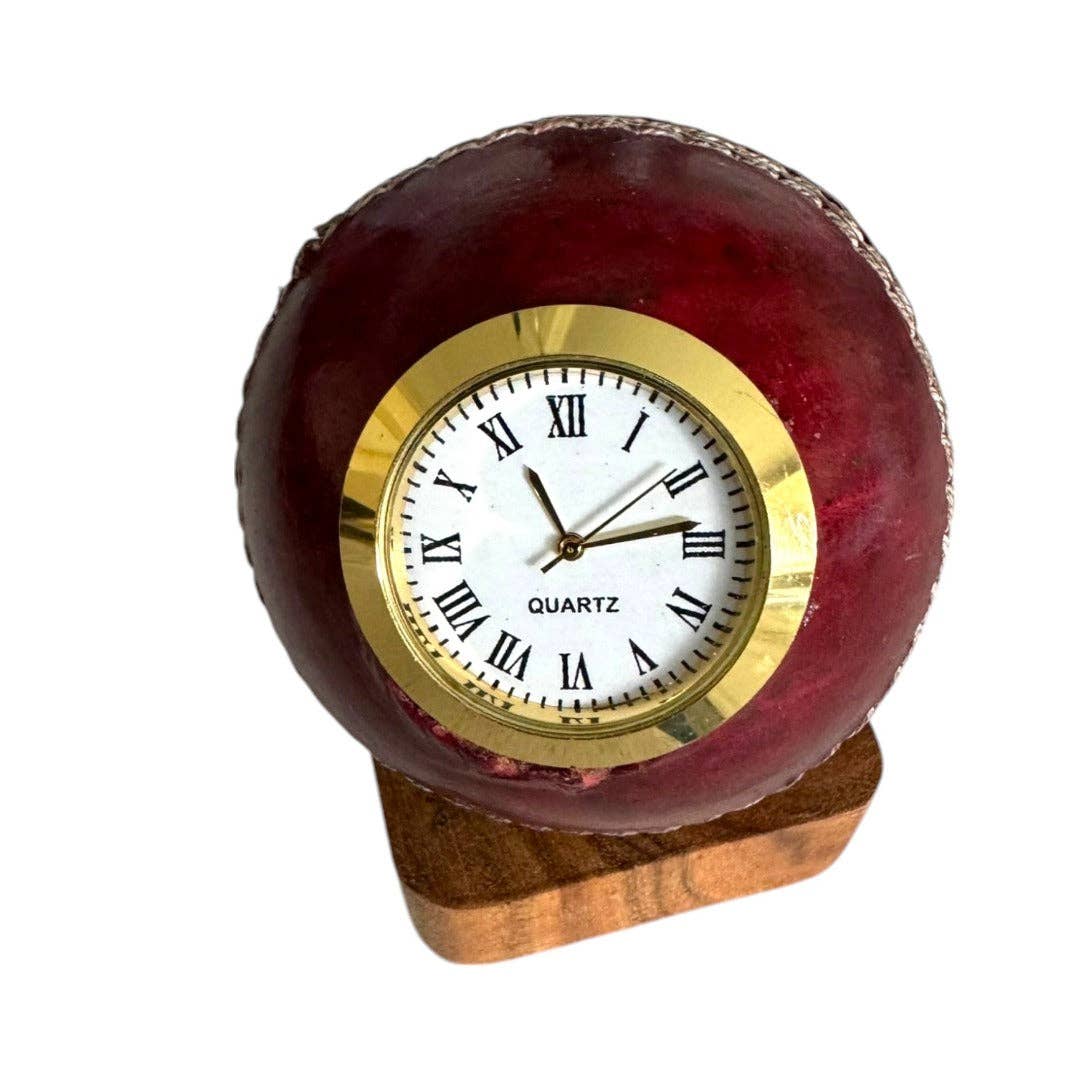 SPORTGIFTZ – wholesale Desk clock – CRICKET-GIFTS - Quartz Cricket Ball Clock | Unique Sporting Design | Durable Leather & Brass | Precise Timekeeping | Decorative Centrepiece, Red, One Size, Wood4