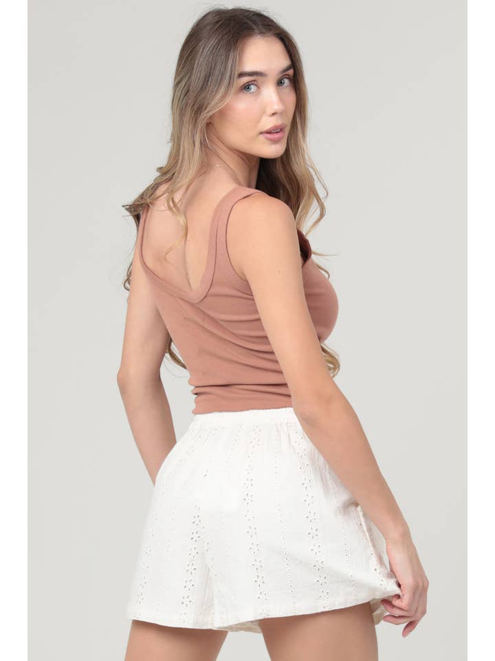ANGIE - Wholesale Shorts - Women's - 25T23-EM25 EYELET EMBROIDERED SHORTS WITH ELASTIC WAIST AND