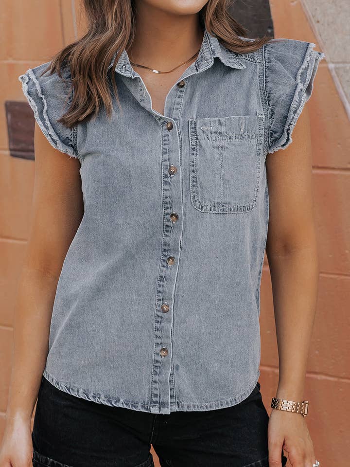 Bridget Frayed Ruffle Sleeve Denim Shirt for wholesale by Threaded Pear
