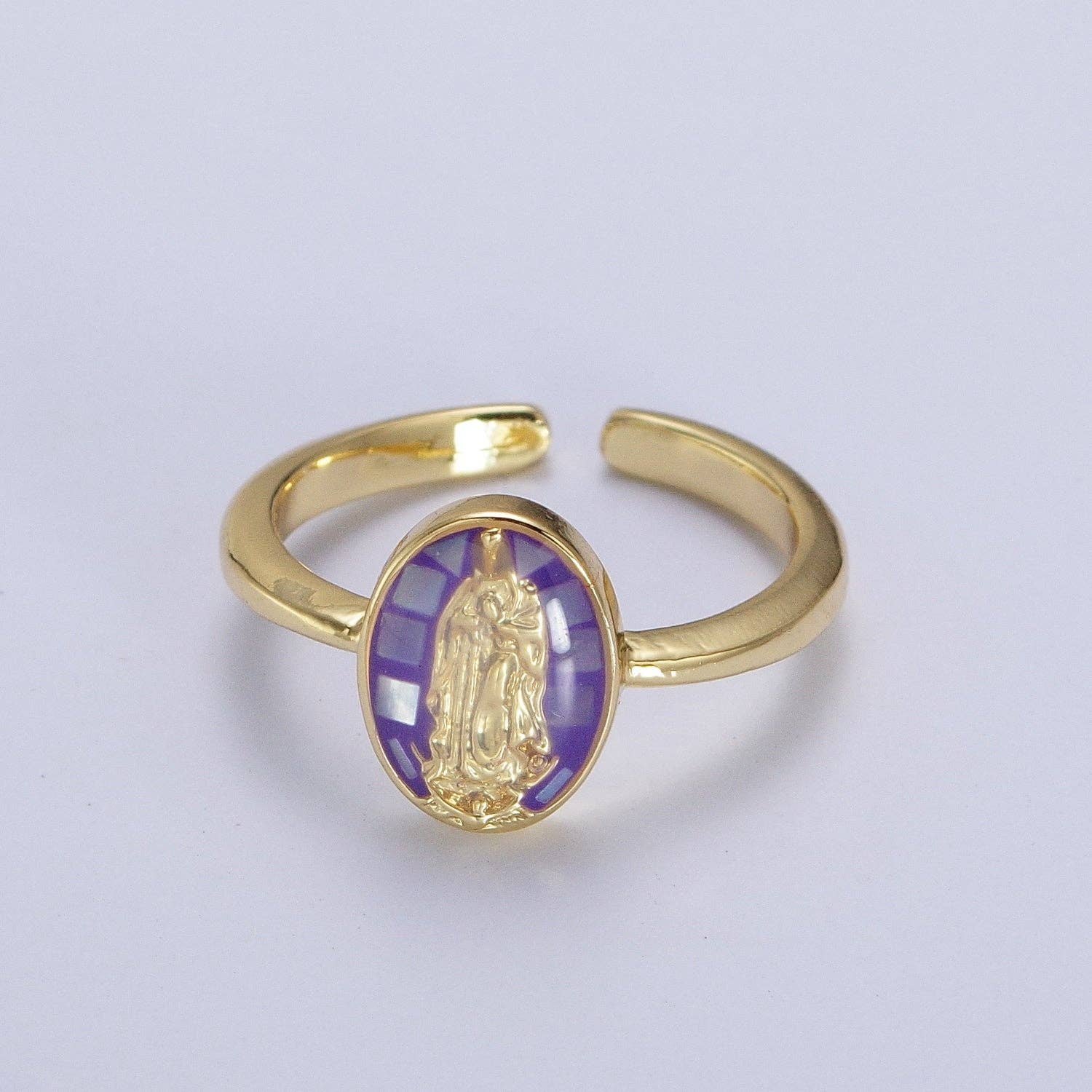 Aim Eternal - Wholesale Cocktail/Statement Ring - Gold Filled Oval Virgin Mother Mary Shell Opal Ring in Gold 0