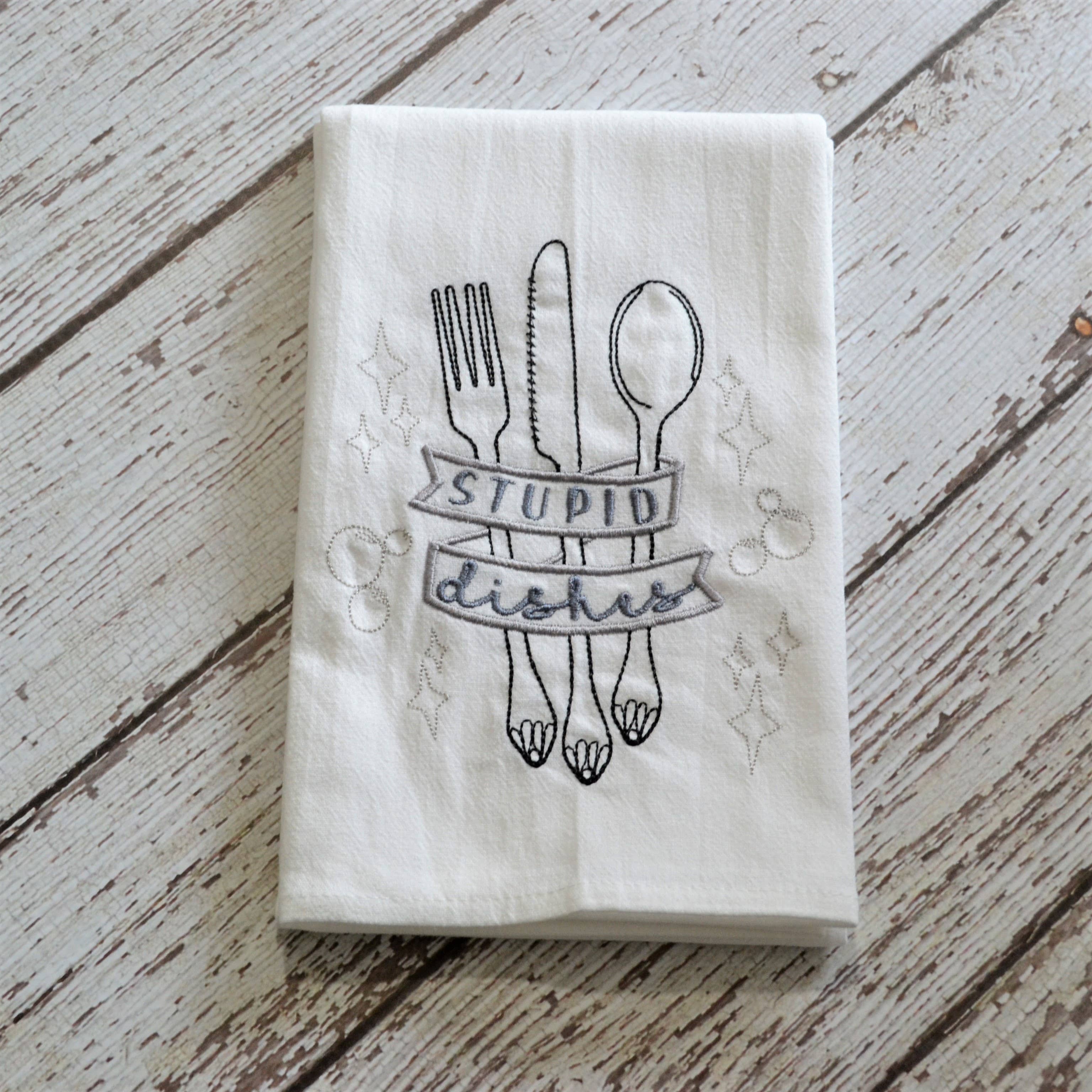 SewMuchMoreStore - Wholesale Tea Towel - CLEARANCE - Stupid Dishes Tea Towel, Embroidered Floursack2