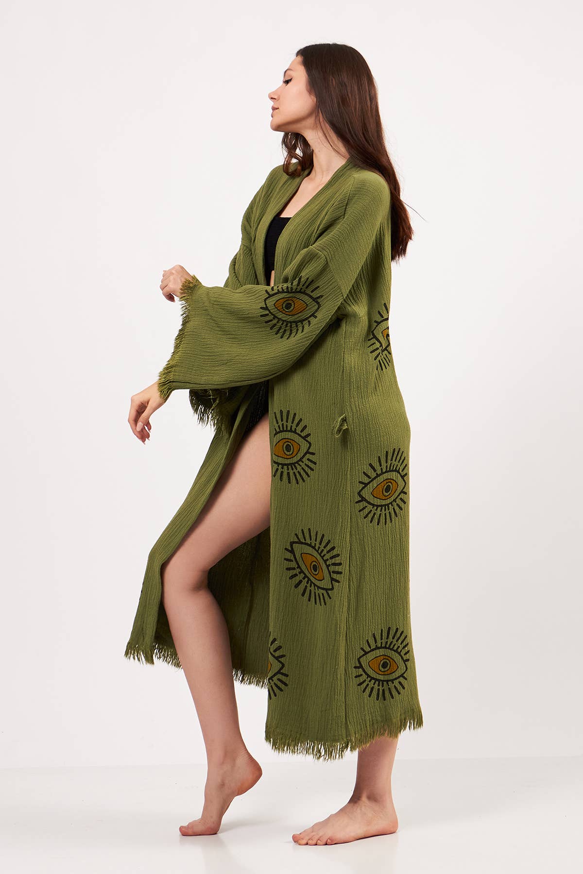 Yaz Concepts - Wholesale Kimono - Women's - Turkish Evil Eye Print Olive Green Robe Festival Kimono 8